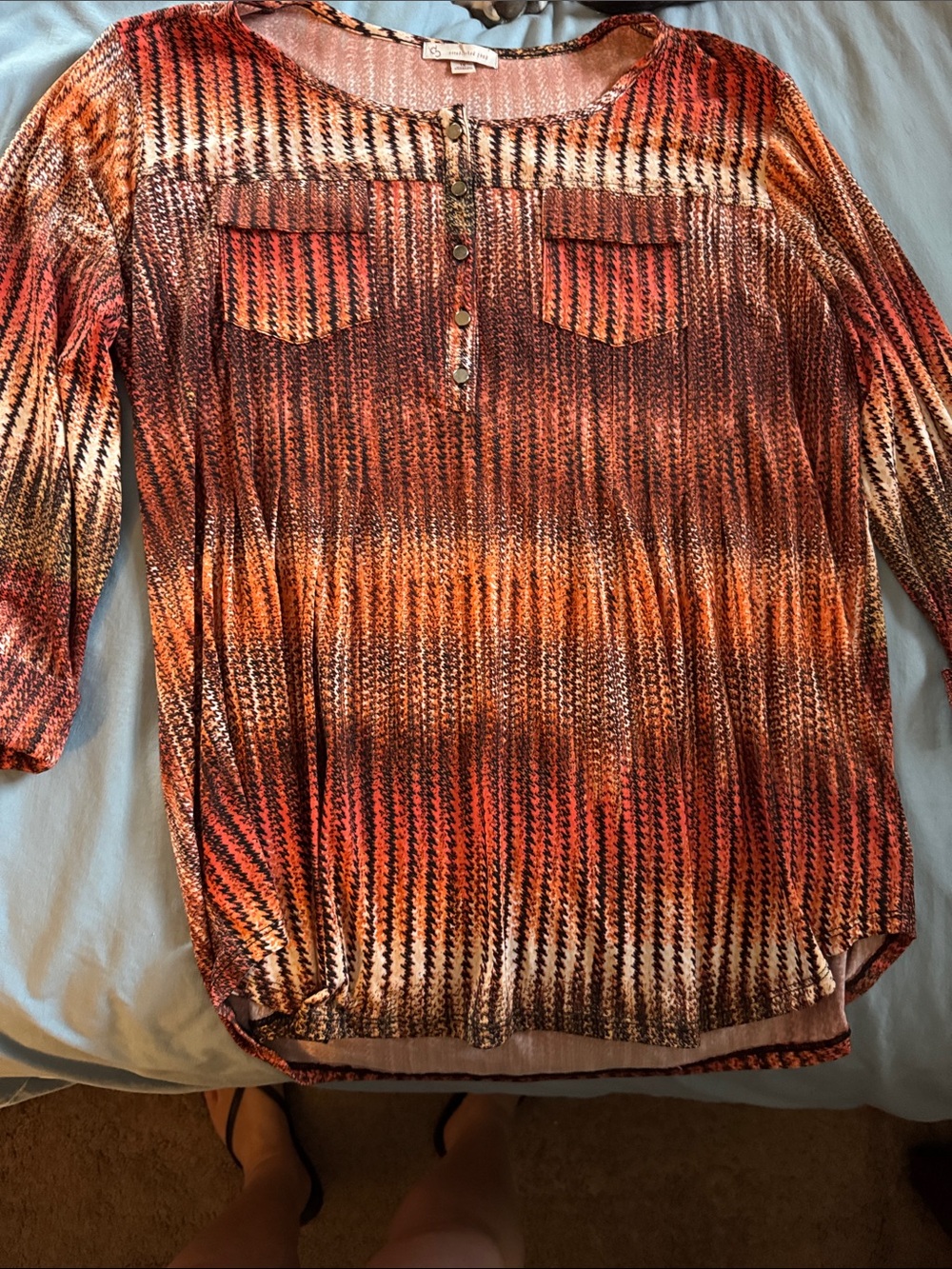 Women’s Burnt Orange Patterned Knit Blouse - Lightweight Long Sleeve